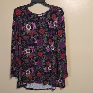 Vintage 90's Navy & Purple Floral Dark Romantic Moody Flowy Long Sleeve Top - XL